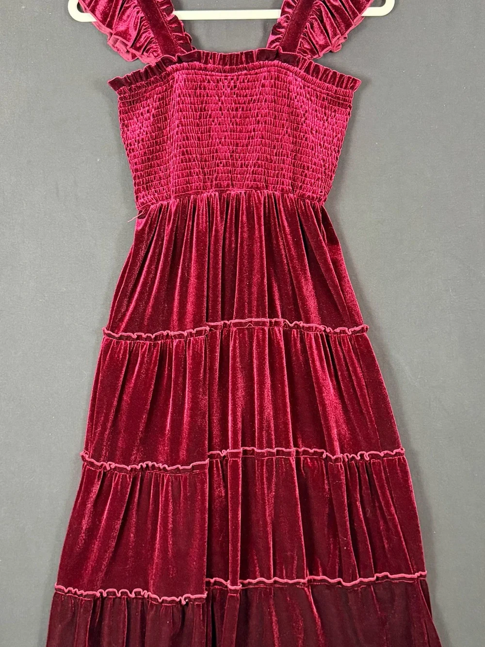 Girls' Velvet Tiered Dress in Deep Berry Pink Padded Straps Ruffle Smocked witch